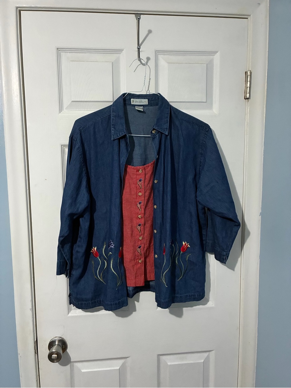 dressbarn Blue Denim Jacket with Red Check Sewn-In Shell